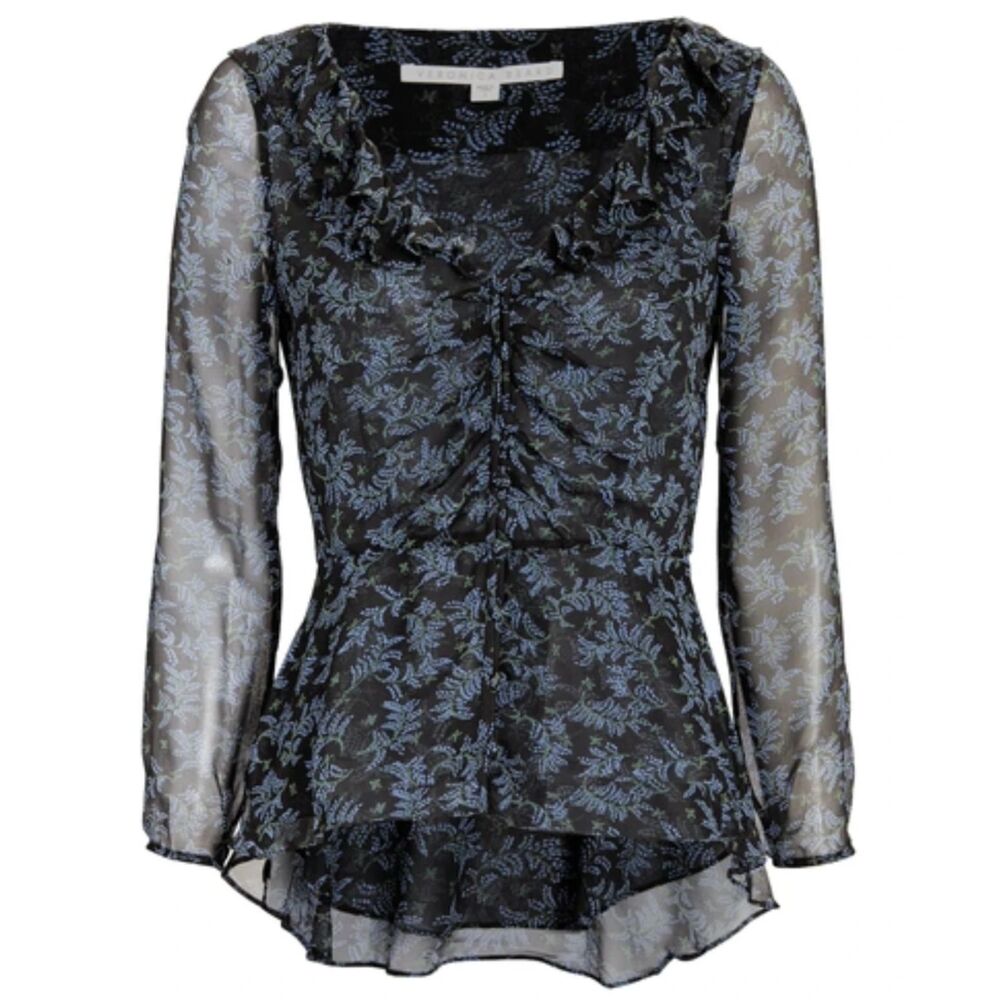Veronica Beard Womens 8 Silk Floral Blouse Boyce Blue Black Peplum Ruffle Long